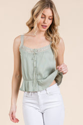 Lace Peplum Tie Front Ribbed Cami Top in Sage Simmer & Fay
